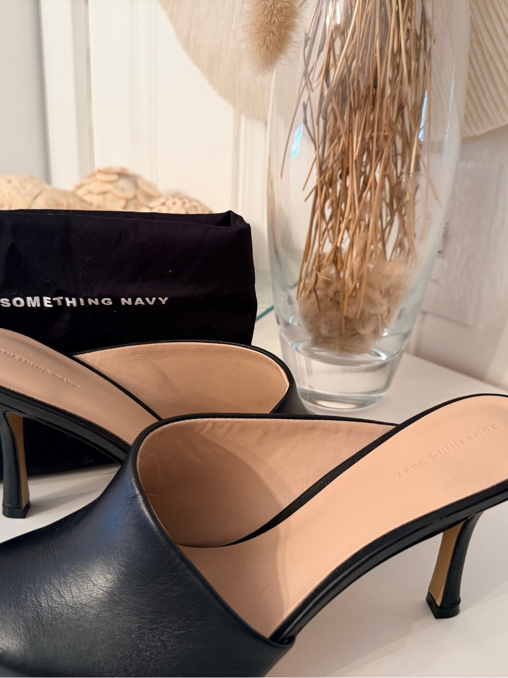 Something Navy Black Leather Slip-On Mule Heels